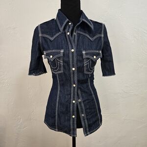 True Religion size S Women’s Blue Denim Frayed Hem Pearl Snap Shirt Dress